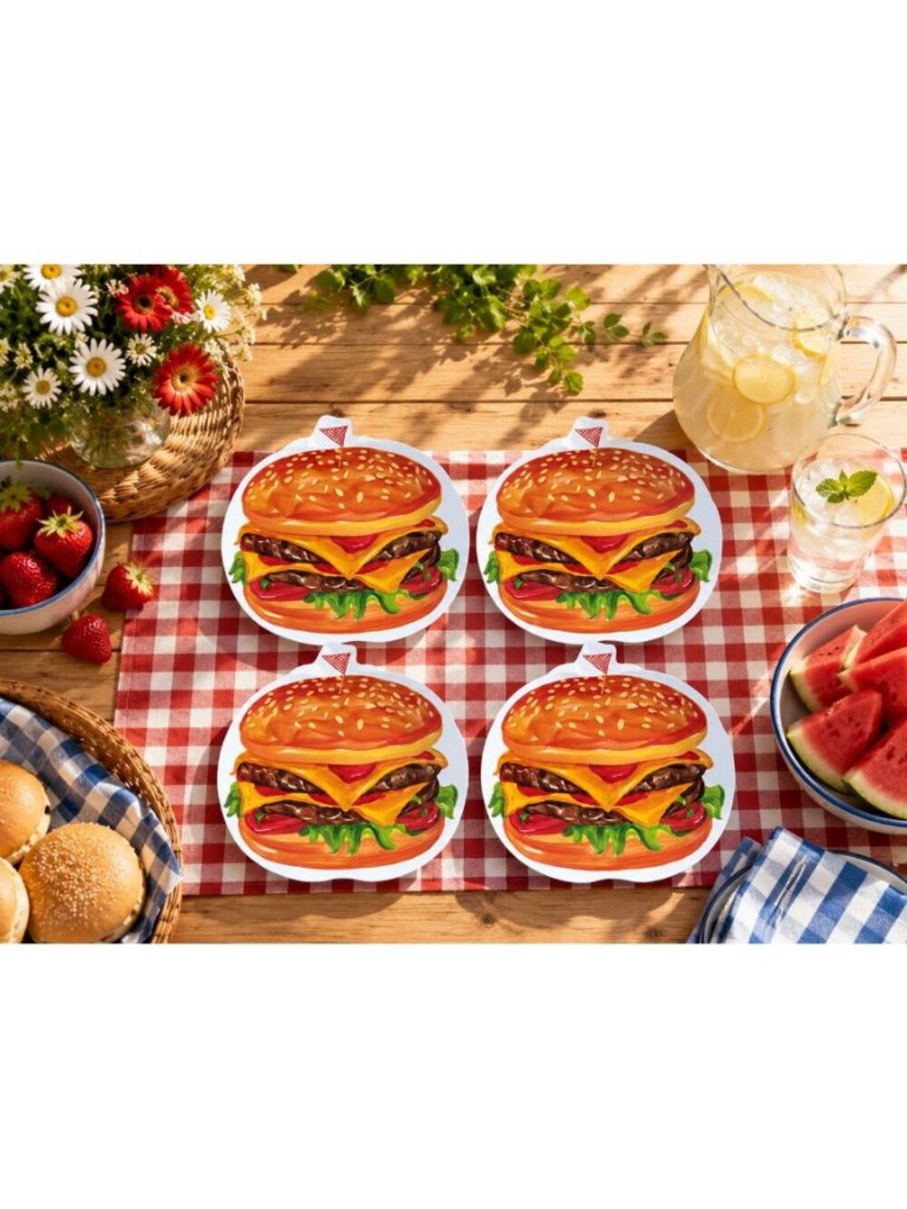 New Lot Of 4 Hard Plastic Cheeseburger Party BBQ Picnic Dinner Serving Plates